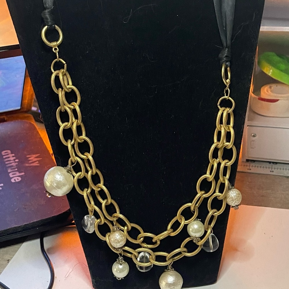 Vintage ANNE KLEIN Gold Plated Pearl Crystal Charm 2 Chain Tie Choker Necklace - Picture 6 of 14